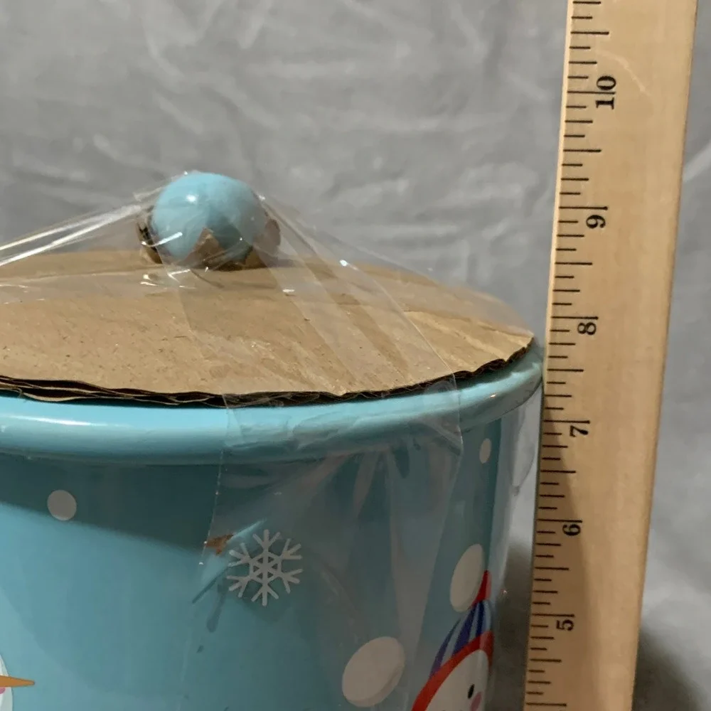 Mrs‎ Fields Snowman Ceramic Cookie Jar Blue Christmas Holiday Treat Canister Lid